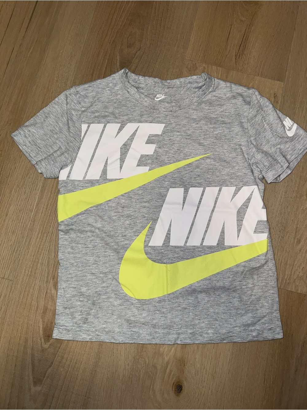 Nike Kids' Gray T-Shirt with Neon Yellow Swoosh